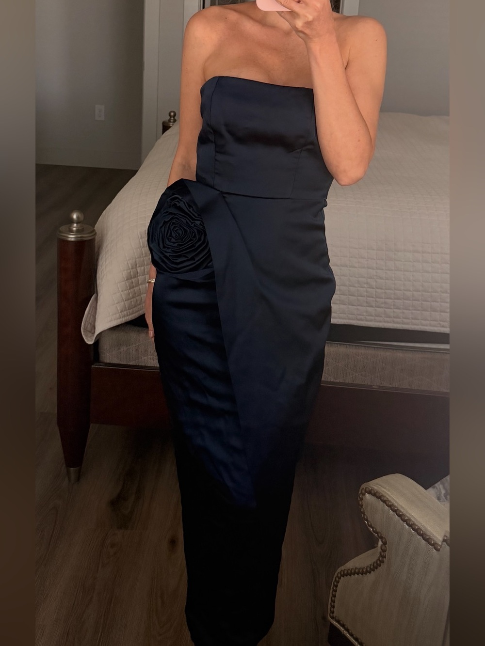 Ronny Kobo Collection Strapless Navy Satin dress with Rosette Accent